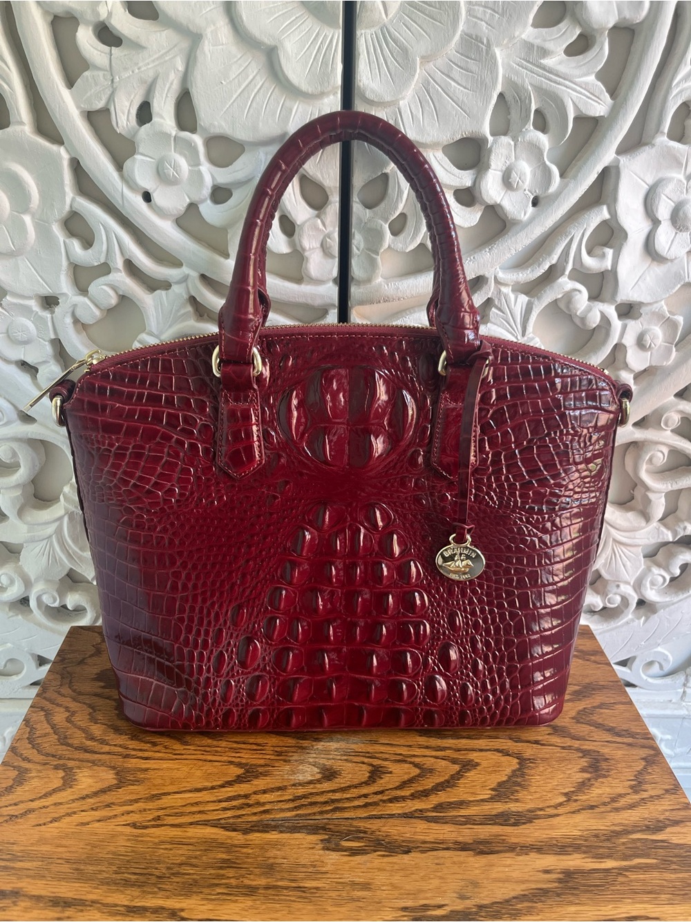 Brahmin Large Croc Embossed Leather Satchel Tote Burgundy Wine Shoulder Bag